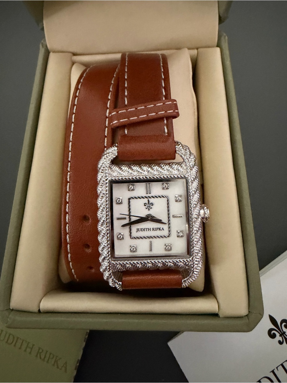Judith Ripka Brown Leather Double-Wrap Watch with Silver Rope Bezel, NEW in box